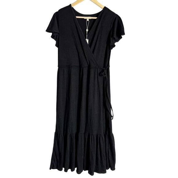 Max Studio Solid Black Flutter Short Sleeve Faux Wrap Midi Dress Size Large - Picture 4 of 13